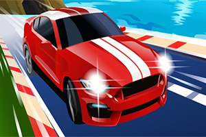 Červené sportovní auto s bílými pruhy jede po závodní dráze u moře
