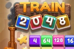 Barevné číslice 2048 na herním rozhraní s dřevěným nápisem TRAIN a částí lokomotivy vlevo