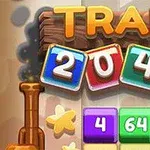 Barevné číslice 2048 na herním rozhraní s dřevěným nápisem TRAIN a částí lokomotivy vlevo
