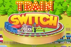 Barevný nápis Train Switch nad kulatou vlakovou tratí s budovami a vlakem, obklopenou stromy