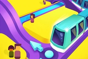 Barevná ilustrace vlakové stanice s futuristickým vlakem, cestujícími a výraznými žlutými a fialovými prvky
