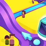 Barevná ilustrace vlakové stanice s futuristickým vlakem, cestujícími a výraznými žlutými a fialovými prvky