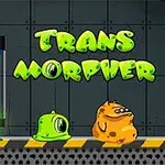 Dva veselí mimozemšťané vedle experimentální komory s textem Transmorpher na pozadí
