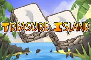 Nápis Treasure Island na kamenech obklopených palmami s výhledem na moře a modrou oblohou