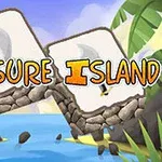 Nápis Treasure Island na kamenech obklopených palmami s výhledem na moře a modrou oblohou
