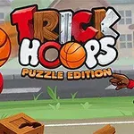 Karikatura basketbalisty mířícího na koš s textem Trick Hoops Puzzle Edition v pozadí městského prostředí