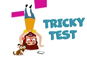 Ilustrace člověka stojícího na hlavě vedle psa, s textem Tricky Test na bílém pozadí