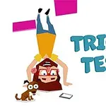 Ilustrace člověka stojícího na hlavě vedle psa, s textem Tricky Test na bílém pozadí