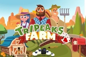 Tři postavy stojící na farmě s nápisem TriPeaks Farm a obrázky vesnických prvků