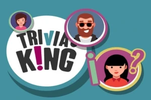 Logo s nápisem TRIVIA KING doplněné ilustracemi tří postav v bublinách a barevným otazníkem