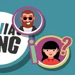 Logo s nápisem TRIVIA KING doplněné ilustracemi tří postav v bublinách a barevným otazníkem