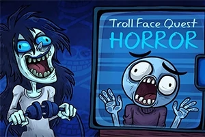 Na obrázku je komiksová postava s modrou pletí a rozcuchanými vlasy, která drží ovladač, a vedle ní je televizní obrazovka s nápisem Troll Face Quest Horror a vyděšenou tváří