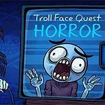 Na obrázku je komiksová postava s modrou pletí a rozcuchanými vlasy, která drží ovladač, a vedle ní je televizní obrazovka s nápisem Troll Face Quest Horror a vyděšenou tváří