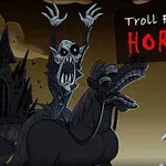 Postava s vystrašeným výrazem na koni a další postava se škodolibým úsměvem v temném a strašidelném prostředí