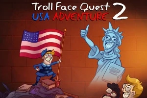 Socha Svobody s vtipným obličejem vedle smějícího se muže držícího americkou vlajku