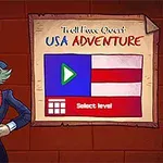 Kreslená postava s cylindrem a motýlkem stojí vedle cedule s textem USA Adventure a tlačítkem pro výběr úrovně