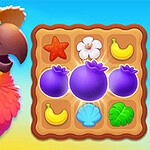 Tropical Match 2 Barevný papoušek s kloboukem vedle herní plochy s různými ikonami ovoce a květin