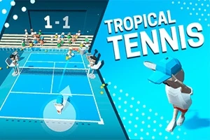 Tenisový zápas ve stylizované grafice s hráči na kurtu a nápisem Tropical Tennis