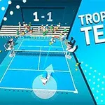 Tenisový zápas ve stylizované grafice s hráči na kurtu a nápisem Tropical Tennis