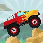 Červené a žluté monster truck auto s plameny na bocích jede přes kamenitou překážku na pozadí s africkou krajinou