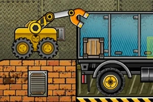 Truck Loader 4 Žlutý jeřáb nakládá dřevěnou bednu na nákladní auto