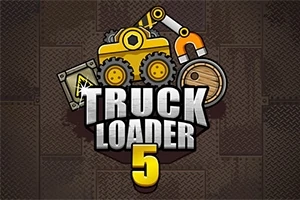 Ilustrace žlutého nakladače s ozubeným kolem a barelem na tmavém pozadí s velkým nápisem Truck Loader 5