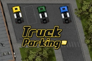 Tři barevné kamiony zaparkované na parkovišti s nápisem Truck Parking Pro