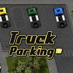 Tři barevné kamiony zaparkované na parkovišti s nápisem Truck Parking Pro