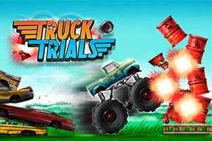 Monster truck překonává překážky z barelů, které explodují, s nápisem „Truck Trials“