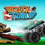 Monster truck překonává překážky z barelů, které explodují, s nápisem „Truck Trials“