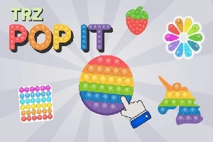 Barevné silikonové skládanky ve tvaru duhového kruhu, jahody, čtverce a jednorožce na šedém pozadí s textem TRZ POP IT