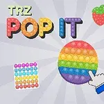 Barevné silikonové skládanky ve tvaru duhového kruhu, jahody, čtverce a jednorožce na šedém pozadí s textem TRZ POP IT