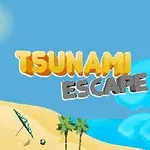Hra Tsunami Escape na pláži s palmami, vlnou a slunečníkem