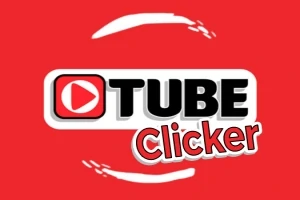 Červené logo s bílým textem „Tube Clicker“ a ikonou přehrávání uvnitř obdélníkového rámečku