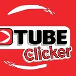 Červené logo s bílým textem „Tube Clicker“ a ikonou přehrávání uvnitř obdélníkového rámečku