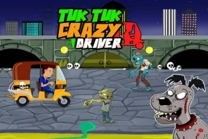 Na obrázku je tuk-tuk, řidič, zombie, a kreslený pes v nočním městském prostředí