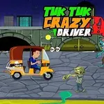 Na obrázku je tuk-tuk, řidič, zombie, a kreslený pes v nočním městském prostředí