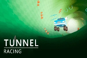 Závodní auto projíždějící zeleným tunelem s kuželkami a textem Tunnel Racing vlevo dole