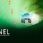 Závodní auto projíždějící zeleným tunelem s kuželkami a textem Tunnel Racing vlevo dole