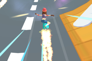 Postava na skateboardu s ohnivým pohonem projíždí městskou ulicí
