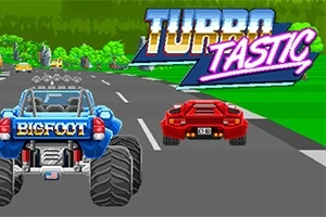 Modré auto Bigfoot a červené sportovní auto na silnici s logem Turbo Tastic v pozadí
