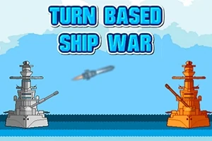 Dva stylizované válečné lodě v souboji, jedna šedá vlevo a druhá oranžová vpravo, s nápisem Turn Based Ship War nahoře a raketou v letu mezi nimi