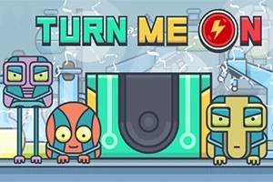 Barevné roboty se nacházejí v laboratorním prostředí s nápisem TURN ME ON nahoře