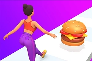 Postava v oranžovém topu a fialových kalhotách běží směrem k velkému hamburgeru na pruhované dráze