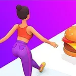 Postava v oranžovém topu a fialových kalhotách běží směrem k velkému hamburgeru na pruhované dráze