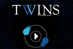 Název TWINS je na černém pozadí s modrými světelnými efekty kolem kruhového tlačítka přehrávání