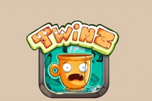 Oranžový hrnek s vystrašeným obličejem pod názvem Twinz na světle hnědém pozadí