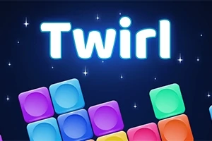 Barevné kostky v řadách s nápisem Twirl na tmavém hvězdnatém pozadí