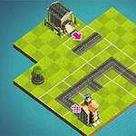 Zobrazení izometrické scény s úsekem silnic, budovami, trávníky a lesním koutem na zelené mřížce