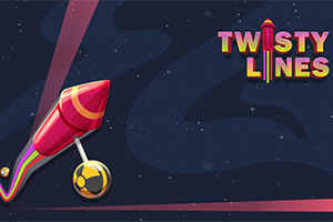 Barevná raketa s pruhy a černozlatou koulí v tmavě modrém vesmíru s nápisem Twisty Lines